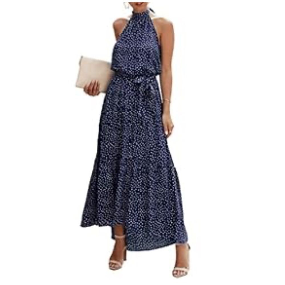 PRETTYGARDEN Women’s Halter Neck Maxi Dress Sleeveless Backless Sundress NWT